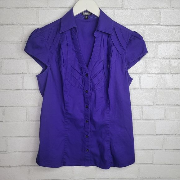 Express Tops - Express Indigo Purple Short Sleeve Button Up Blouse